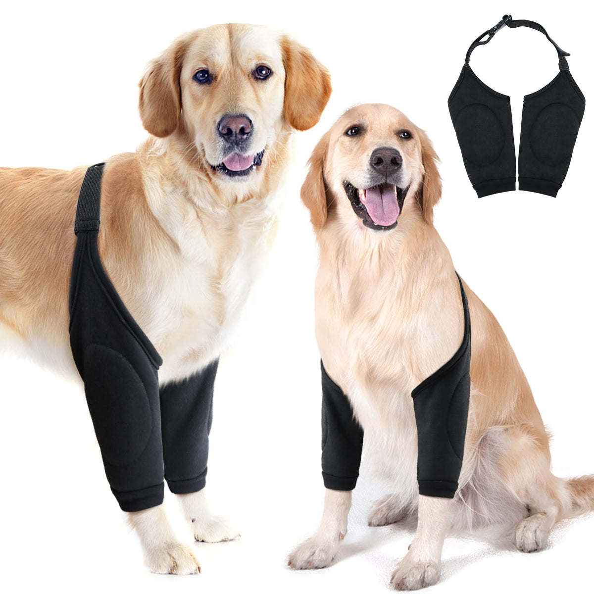 Adjustable joint protector sleeve on a dog's front leg