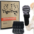 Dog wearing non-slip grip socks on a hardwood floor