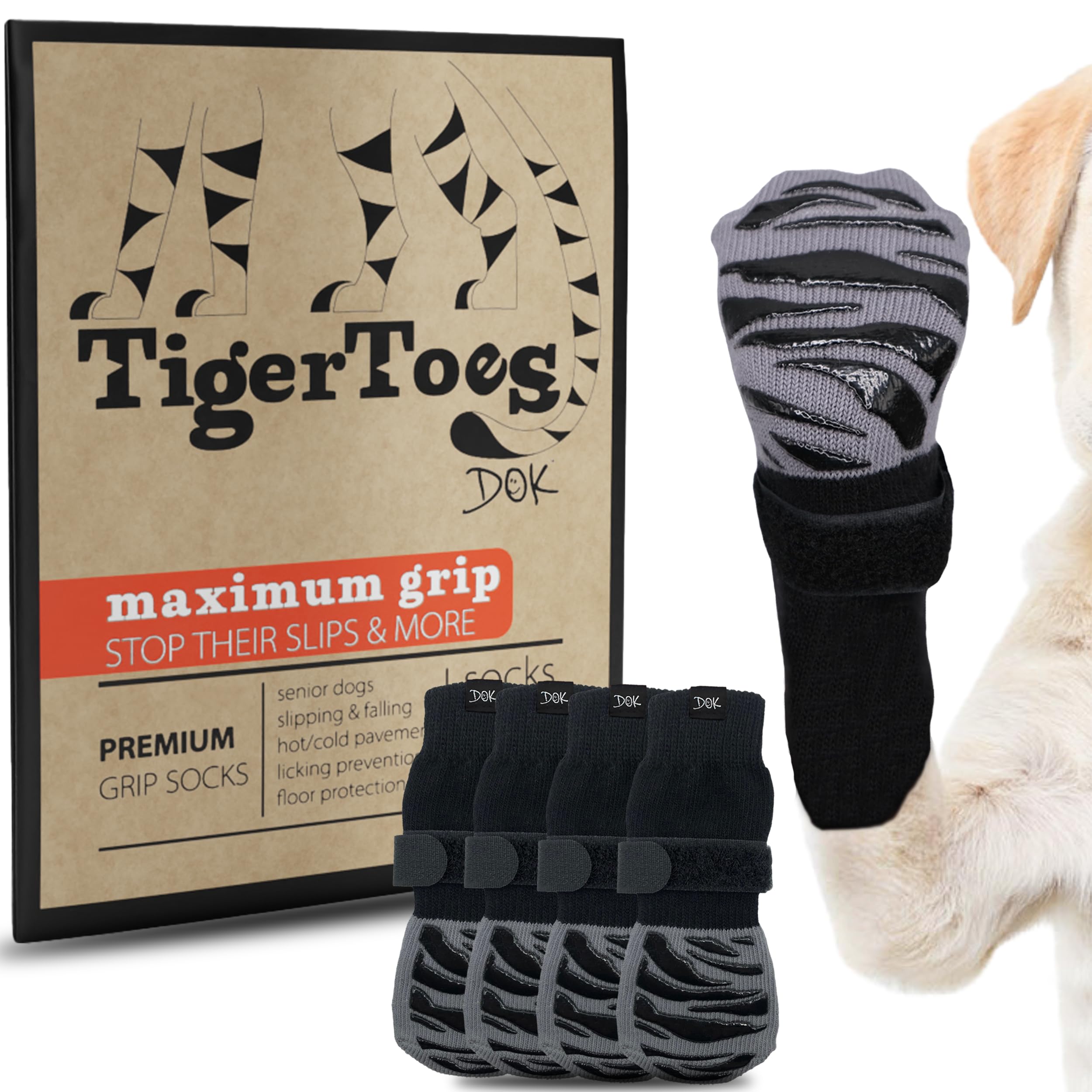 Dog wearing non-slip grip socks on a hardwood floor